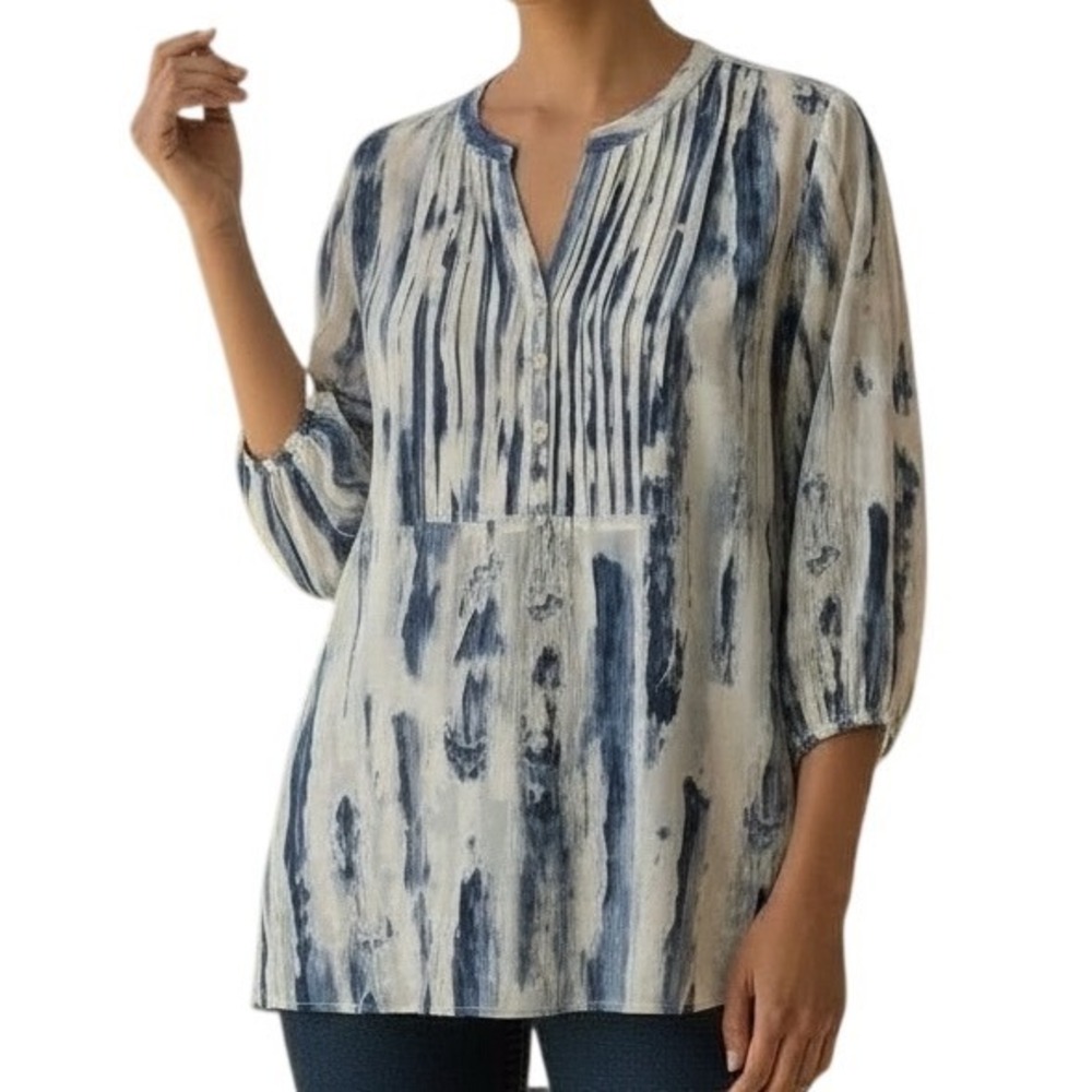 Chicos Top Womens White Blue 3/4 Sleeve Sheer Blouse Shirt Pleated Artsy 0 US 4